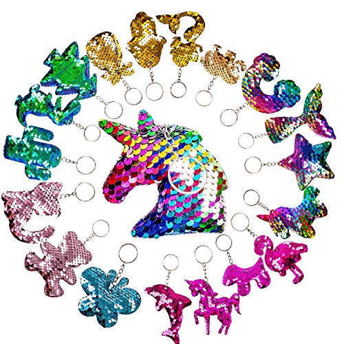Christmas Decoration Flip Sequin Keychain 20 Pcs Reversible Christmas Tree Mermaid Tail Clover Cat Animals Shape Sequin Key Chains Party Supplies Favors for Kids Adults Party Events Gift