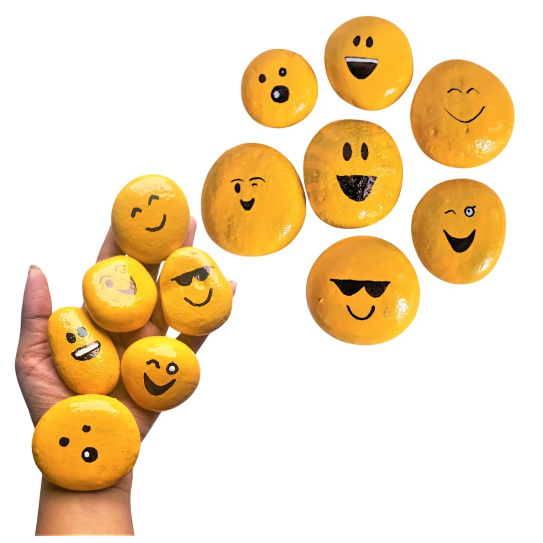 RM Emoji Painted Stones Set of 6 – Hand-Painted Beach Pebbles for Fairy Garden, Home Decor, Desk, Planters & Gifting | Cute Smiley Rock Art for Friends, Family & Special Occasions-image-36