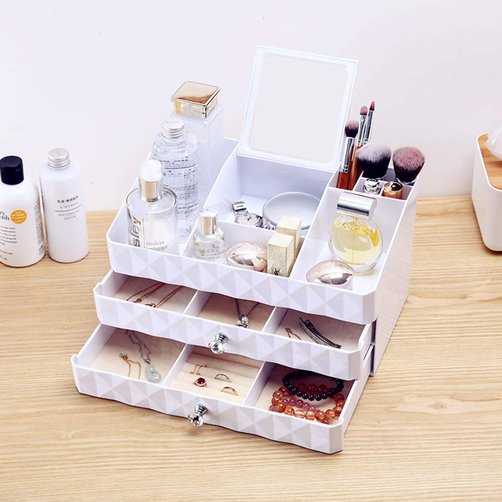 Beau Organisateur de Maquillage Présentoir Cosmétique Vanity de Grande Capacité pour Bijoux, Pinceaux de Maquillage, Rouges à Lèvres Hermétique, White