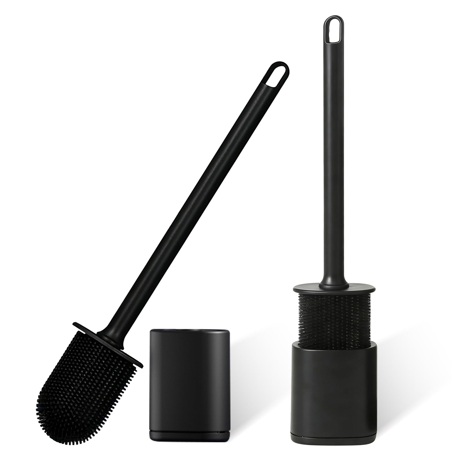 Wall-Mounted Toilet Brush and Holder with Flat Flexible Silcone Head – Durable and Flexible Bristles Bathroom Toilet Brush Set (Blakc 2P)