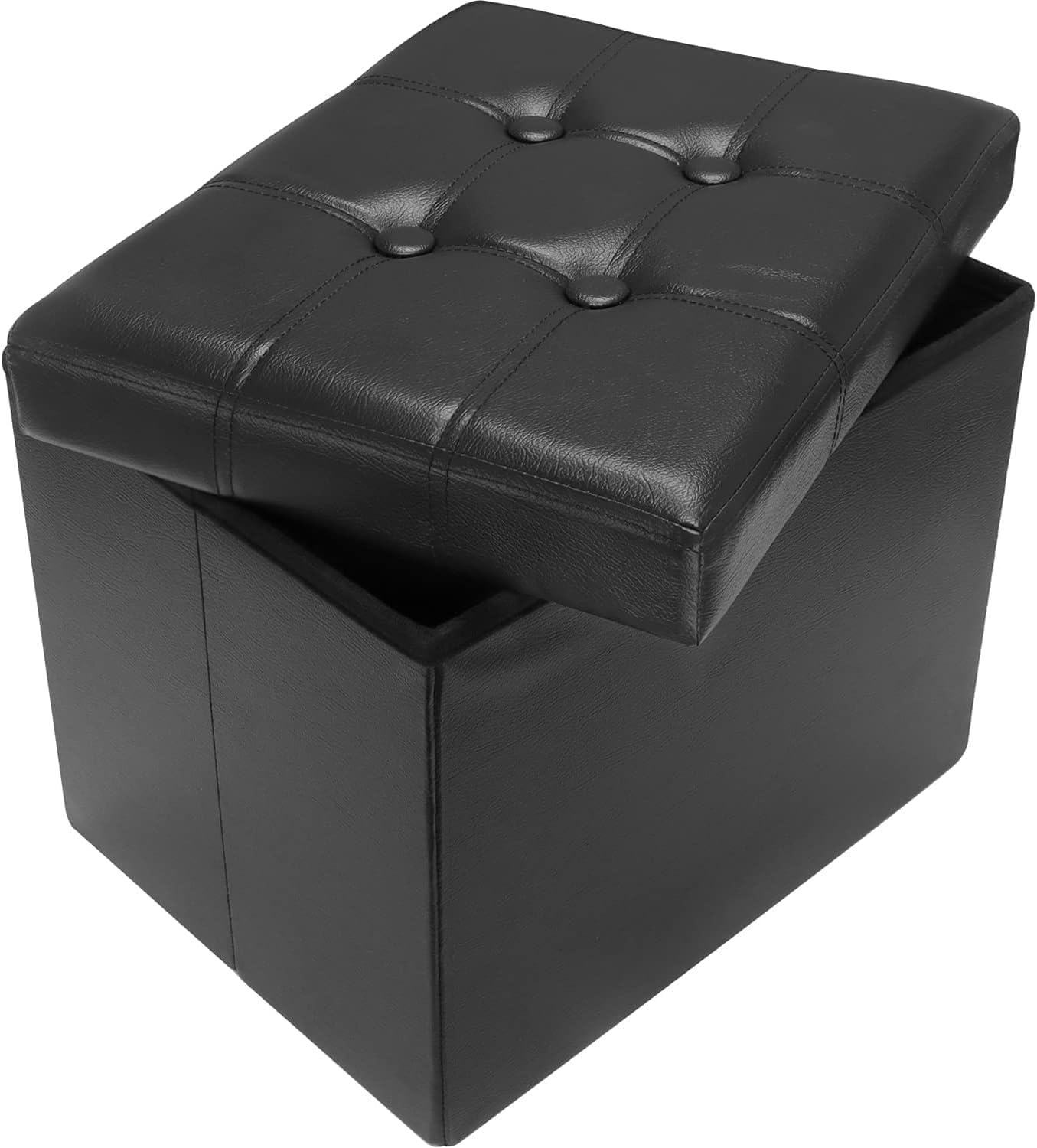 AmasSmile Storage Ottoman Folding Foot Rest Stool, Leather Bench, Black, 17" D x 13" W x 13" H