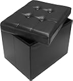 AmasSmile Storage Ottoman Folding Foot Rest Stool, Leather Footstool Bench, Short Ottoman Stool, Storage Foot Rest Store, Books (Black, 17