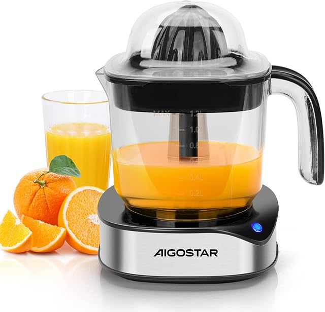 Aigostar 1.2L Orange Juicer Electric Citrus Juicer with LED Working Lamp, 2 Citrus Cones, Two Way Rotation, Filter, Lemon Squeezer Press for Orange Lemon Lime Grapefruit, Black - Juicy 30G4F