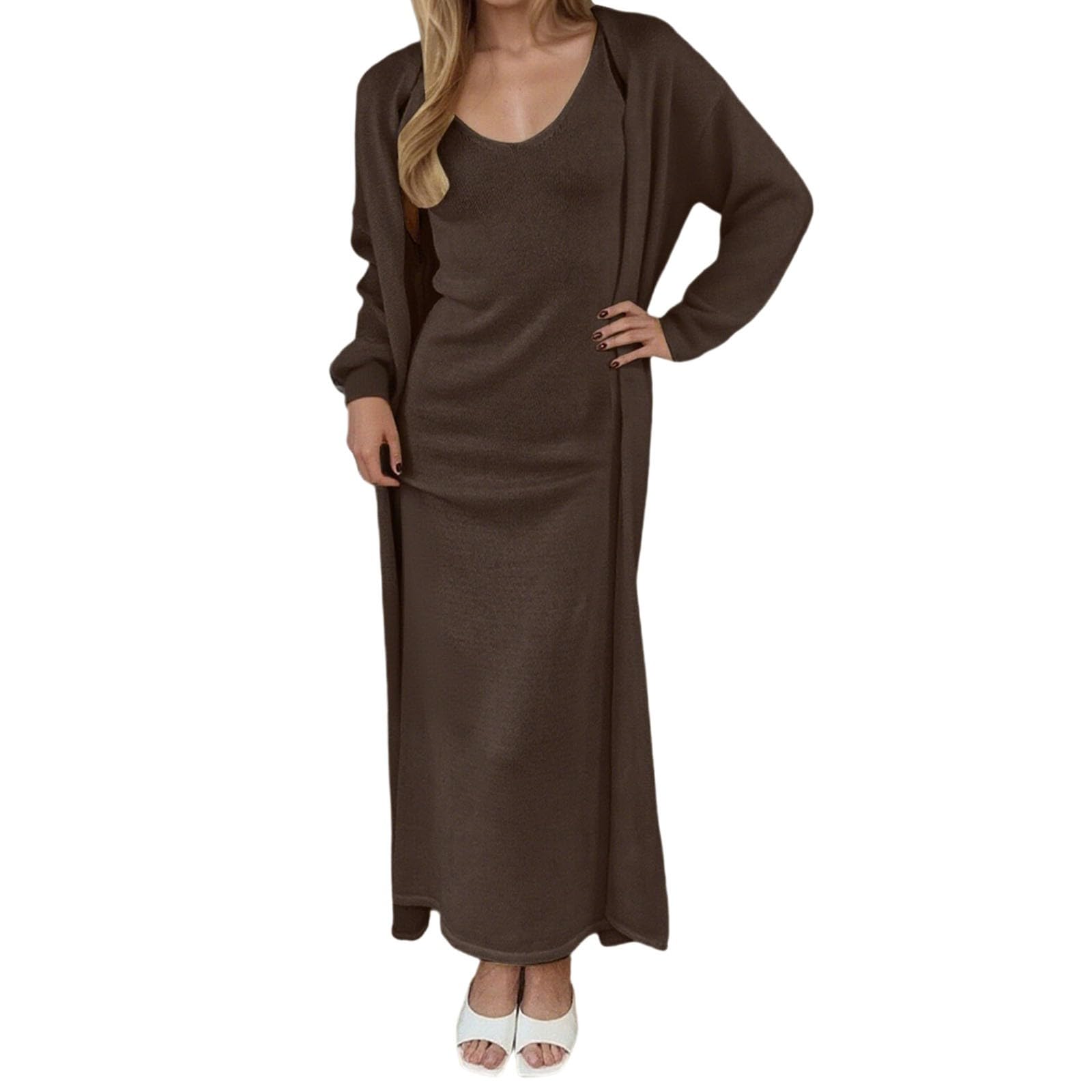 Womens 2 Piece Lounge Set Fall Sweater Knit Bodycon Maxi Dress Open Front Duster Long Cardigan Sets Cozy