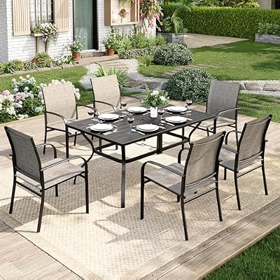 MIXPATIO Patio Table and Chairs Set, Patio Dining Set for 6 with Brown Chairs and Metal Rectangular Table for Deck Backyard Lawn Poolside