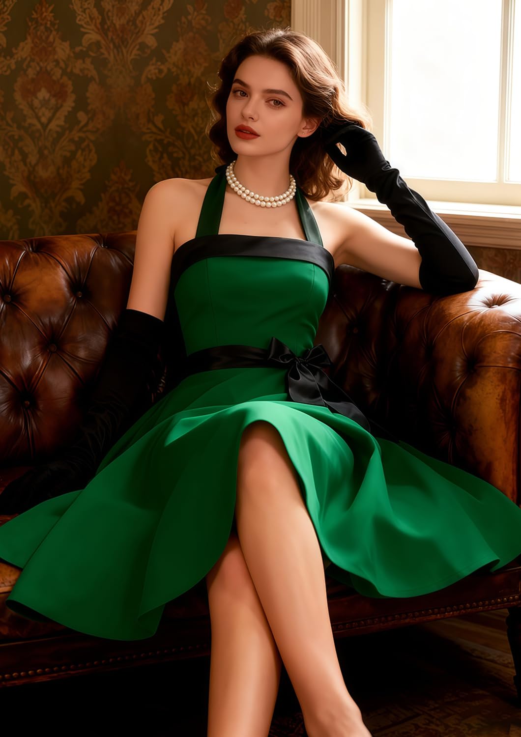 Vintage Dress for Women 1950s Halter Retro Cocktail Dresses Audrey Hepburn Style Rockabilly Swing Dress: Green Small