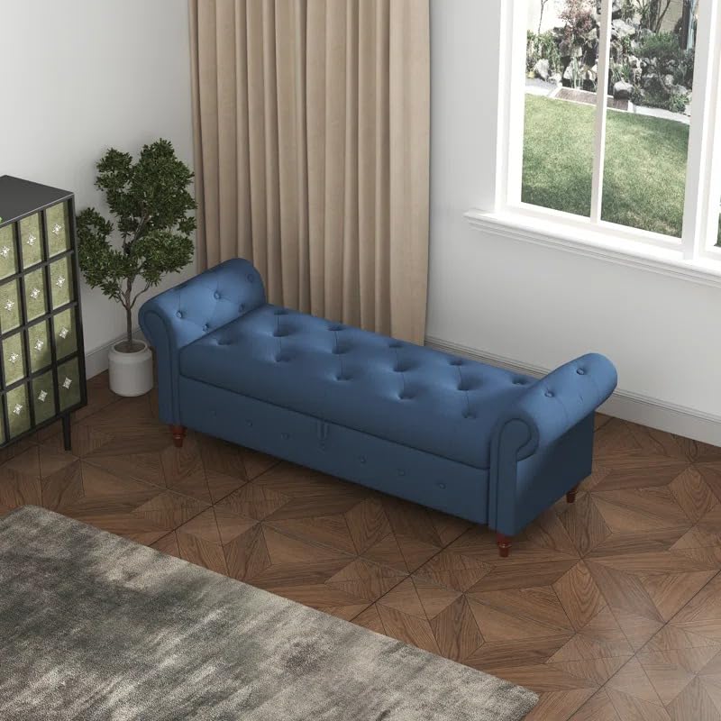 Image of 63 Inch Button Tufted Storage Ottoman Bench with Rolled Arms for Bedroom & Living Room | Chesterfield End of Bed Bench with Hidden Storage | Upholstered Sofa Bench Seating for Entryway, Navy Blue