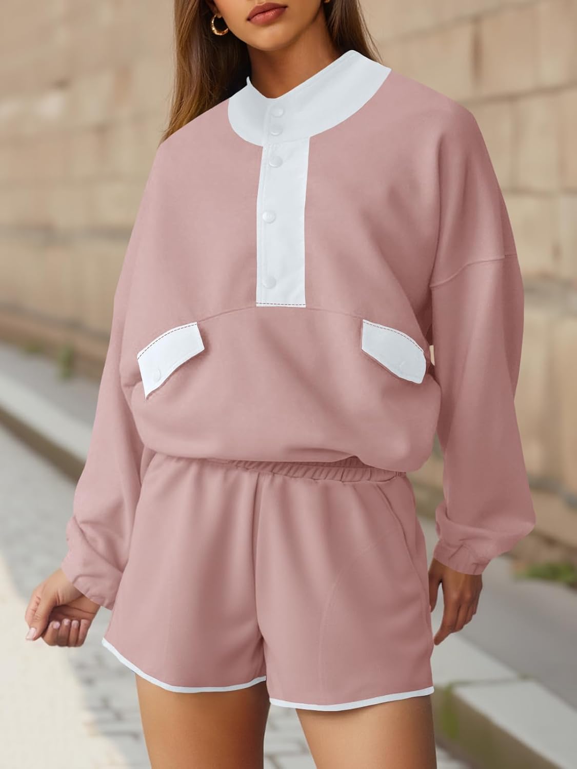 Fisoew Womens 2 Piece Sets Sweatsuits Casual Half Button Color Block Sweatshirts Running Shorts Tracksuits Fall Outfits - Image 2