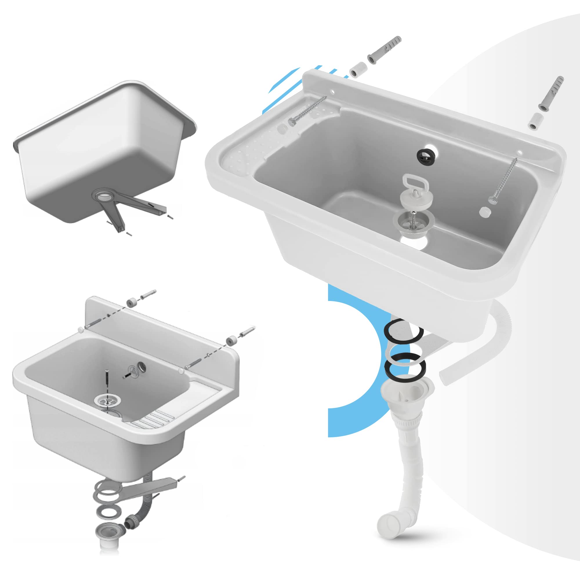Lavabo de Cámara Estante Fregadero Industrial Profunda Lavadero Exterior Comercial Lavamanos Jardín Garaje Lavandería Baños Fábrica 50 x 34 x 21 cm Blanco