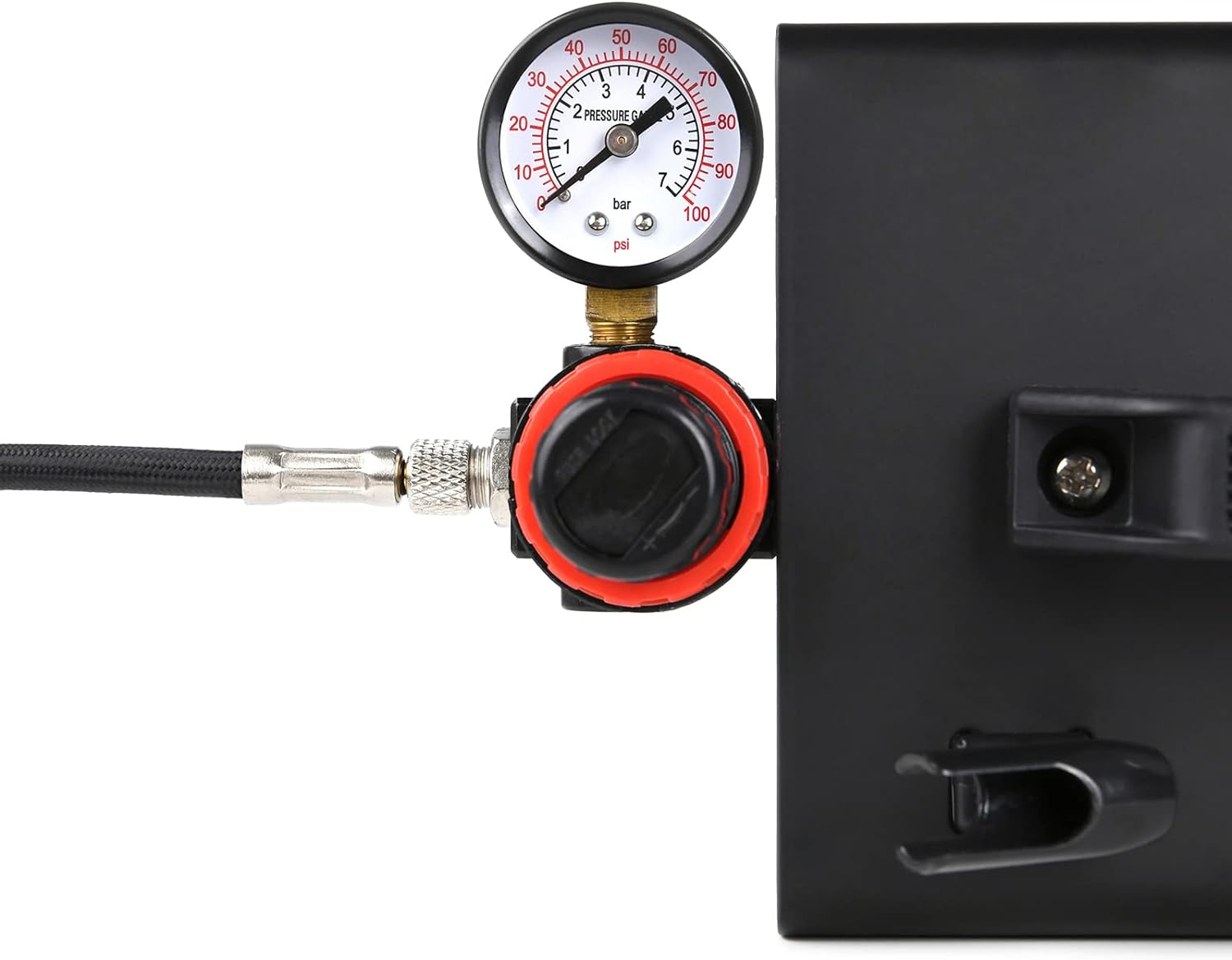 Close-up of the air pressure gauge and regulator on the MEEDEN Airbrush Compressor.