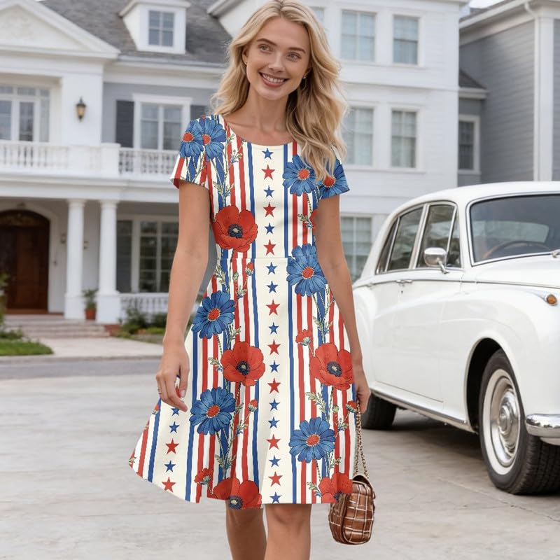 Image of Irisjudy T Shirt Dress for Women Short Sleeve Girls Short Sleeve Dress Plus Size, O Neck Knee Length Midi Dress for Ladies