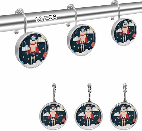 Miniatura 2 de Ganchos para cortina de ducha, temática espacial, bonito patrón de cohete y planeta, anillos de cortina de ducha de acero inoxidable con bolas