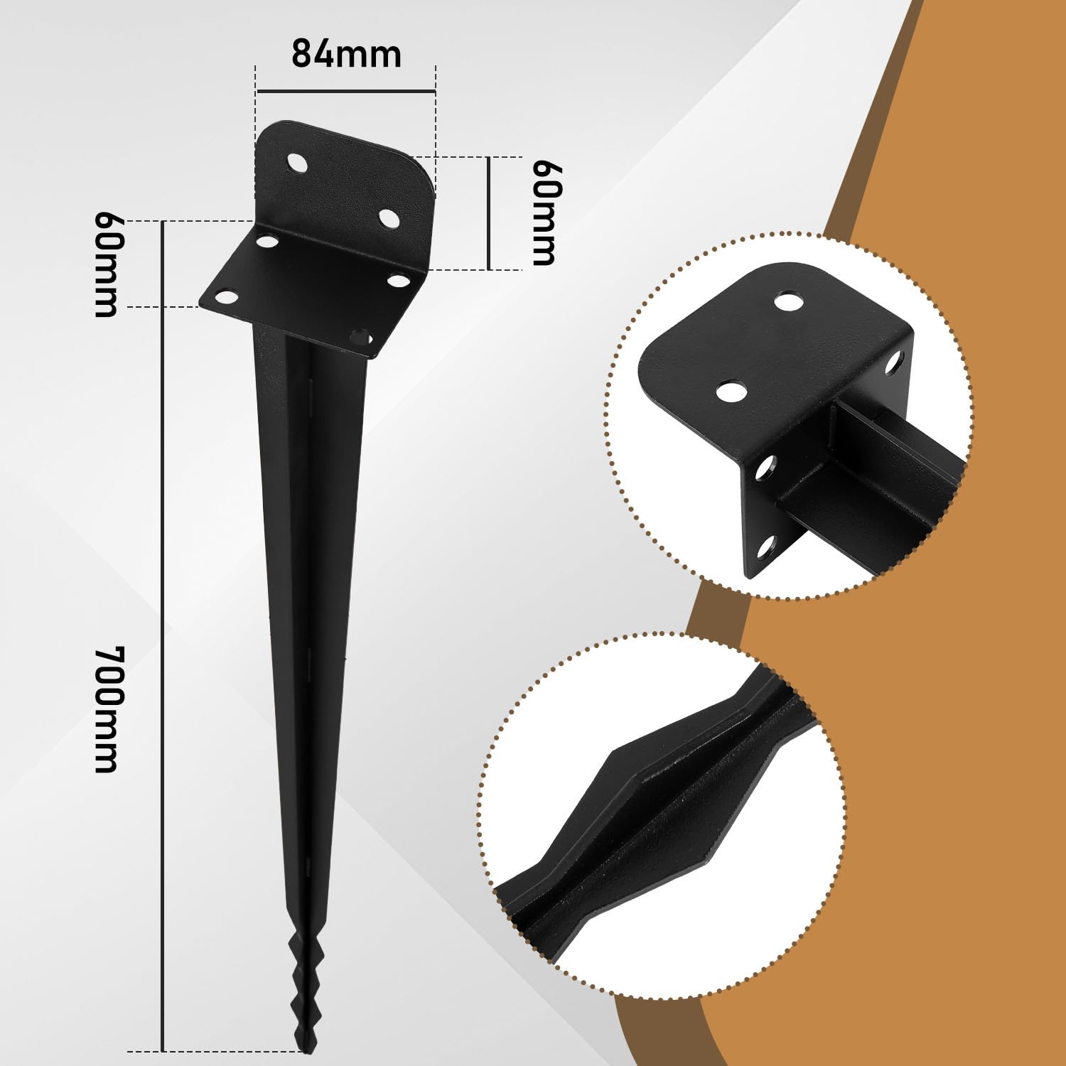 Juego de 12 casquillos de suelo en forma de L de 70 cm con extremo dentado, fácil de clavar, anclaje y soporte para postes de madera y metal, acero