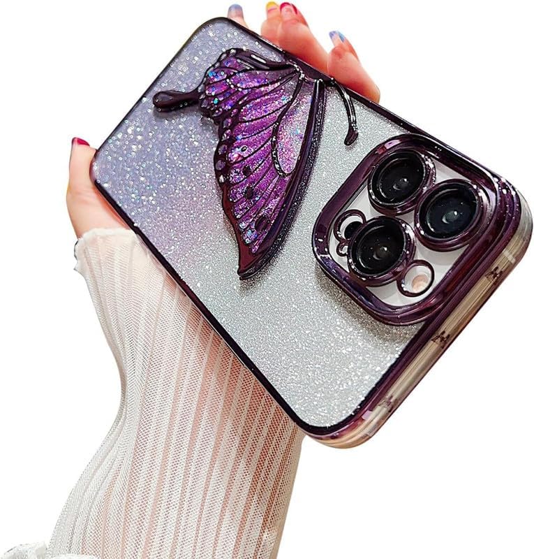 Image of MIDOS Thermoplastic Polyurethane Designed Compatible With iPhone 14 Pro Max Case With Glitter Cute Butterfly Plating Design Aesthetic Women Girls Cover For iPhone 14 Pro Max (Purple)