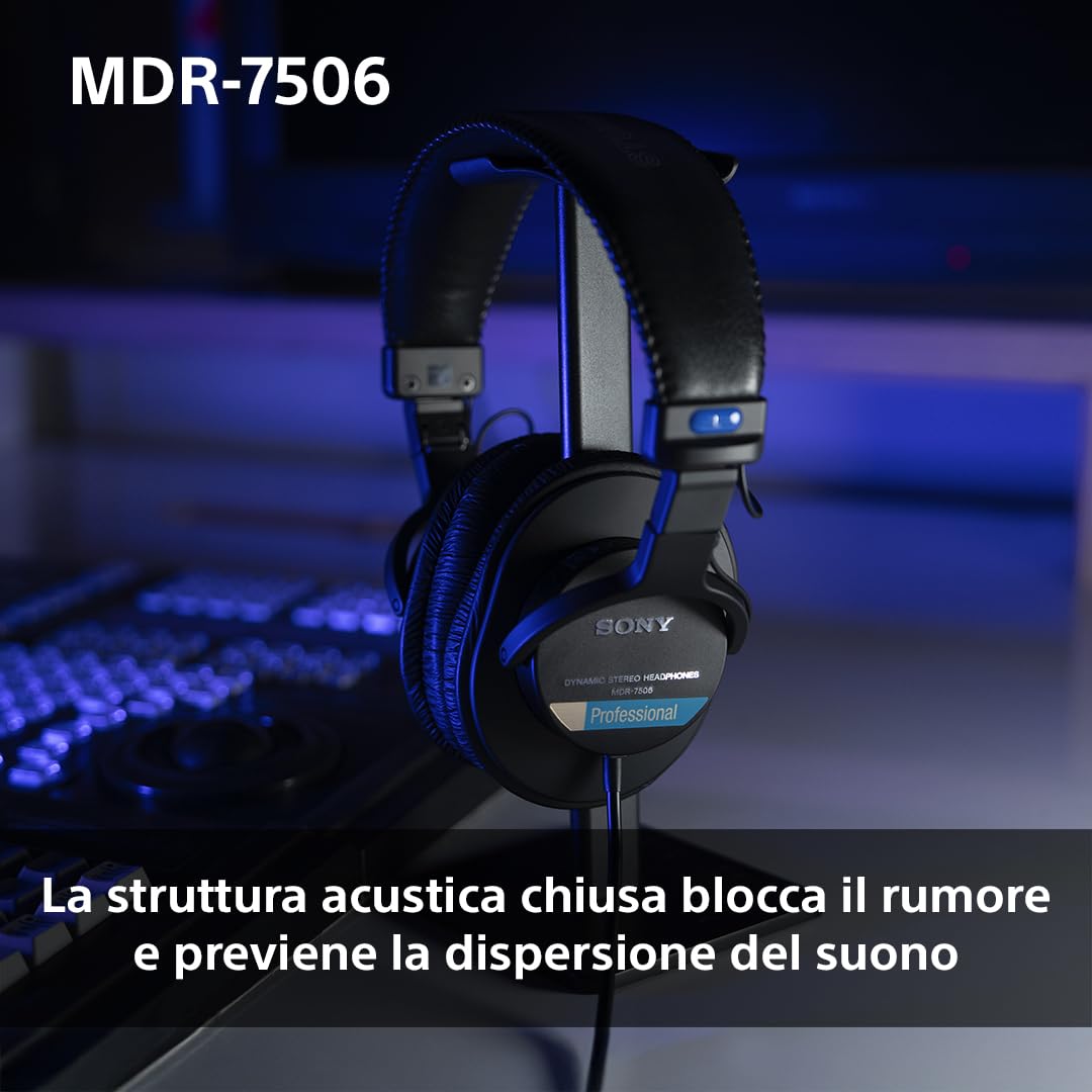 Sony MDR-7506 Cuffie monitor da studio chiuse, con filo, da 10 Hz a 20 kHz, adatte per la registrazione e il mixaggio in studio, 63 Ohm, design leggero e pieghevole (227 g), custodia inclusa, Nero