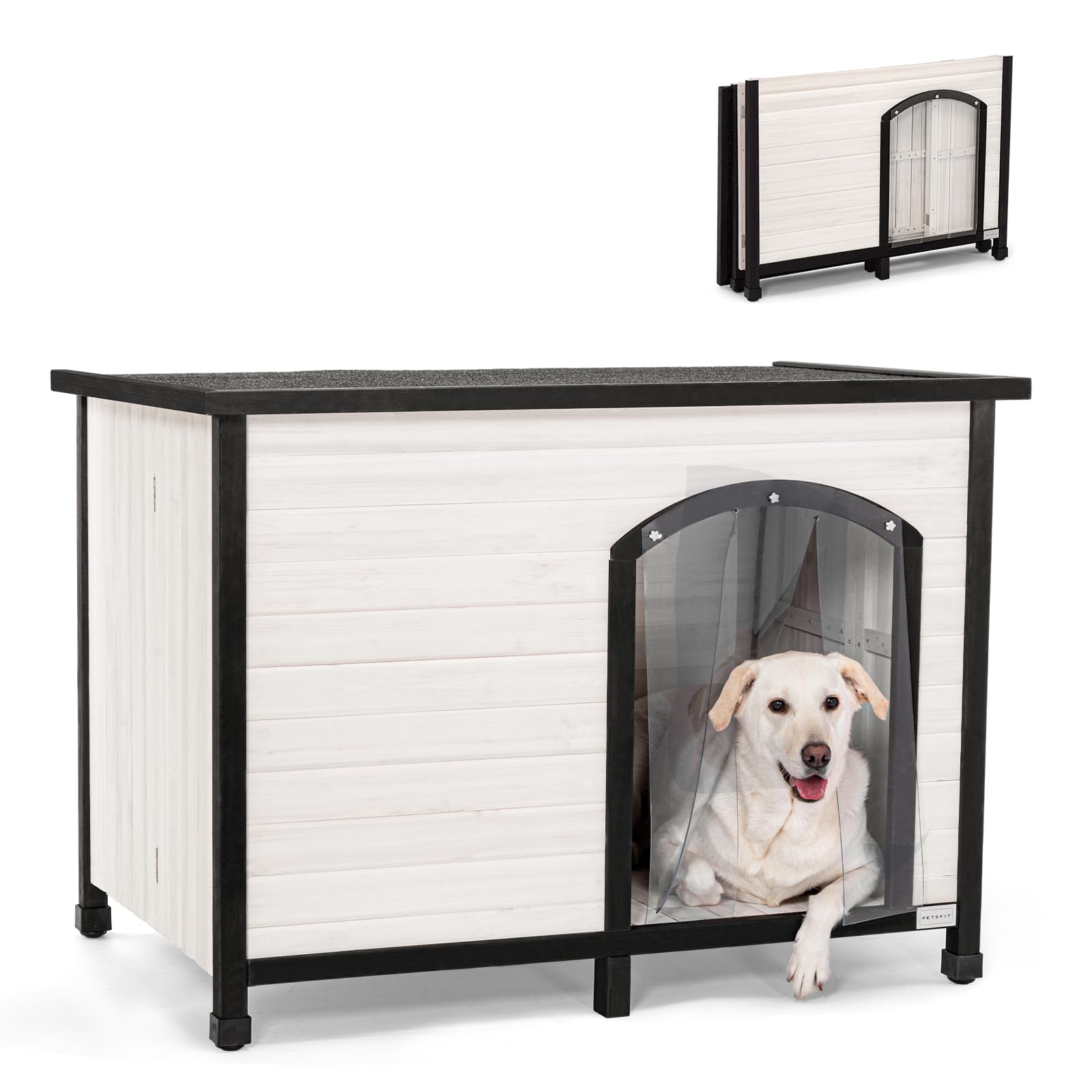 Petsfit Casetas para Perros Exterior Madera, Caseta Perro Grande, Reposapiés Regulable Caseta de Perron, Blanco y Negro (L)