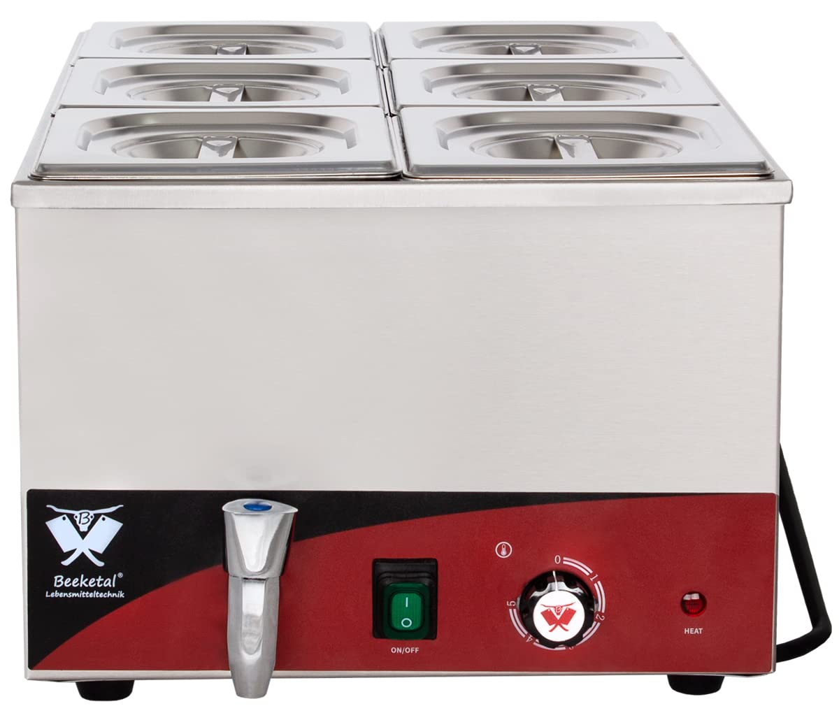 Beeketal 'BBM-6' Gastronorm Bain Marie mit Ablaufhahn, Profi Gastro Speisewärmer inkl. 6 x (GN) 1/6 Edelstahl Gastronorm Behälter mit Deckel, Wasserbad Temperatur einstellbar von 35-65 °C