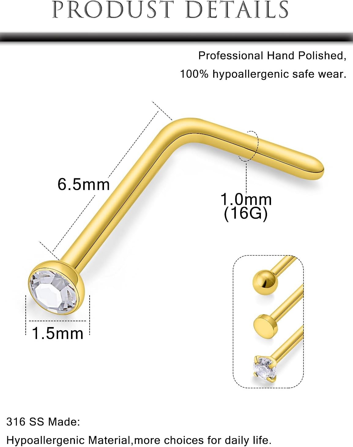 Hoeudjo 16Pcs Nose Rings 18G Nose Studs Surgical Steel 1.5MM Clear Crystal Nostril Ring Body Piercing Jewelry for Women Men - Image 3