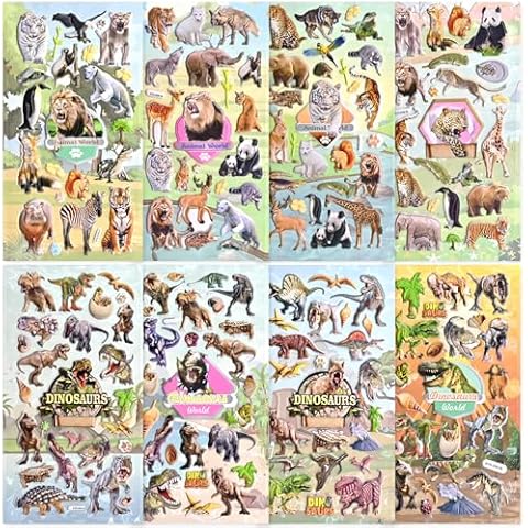 Meafeng 187 PCS Dinosaurs Jungle Animals 3D Puffy Stickers for Kids – 8 Sheets of Colorful Waterproof Stickers for Toddler Crafts, Scrapbooks, Reward Charts & Classroom Activities Cover