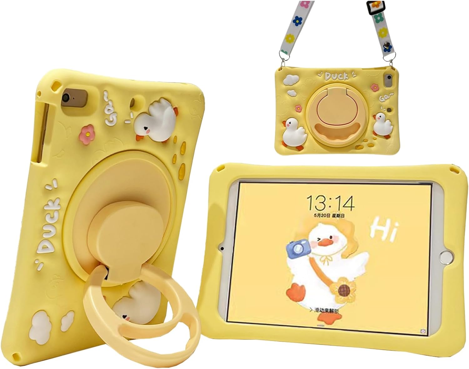 for Galaxy Tab A7 Case 10.4 inch 2022/2020 Kids Girls Cute 3D Kawaii Cartoon Silicone Cover with 360°Stand Shoulder Strap Hand Grip Case for Tab A7 Tablet SM-T509 T500(Duck)