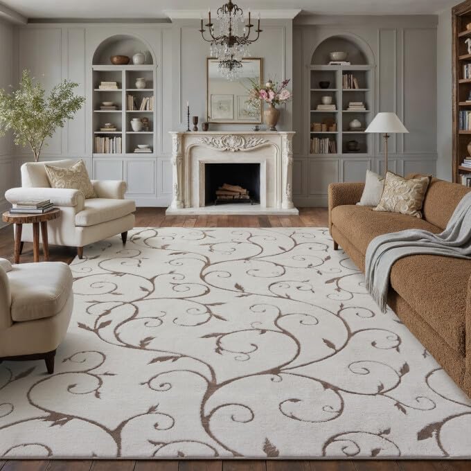 Washable Neutral Area Rug 8x10 Beige Soft Shag Rugs for Living Room Modern Boho High Pile Non-Shedding Throw Rugs Non Slip Indoor Office Carpet for Playroom Bedroom Home Aesthetic Decor