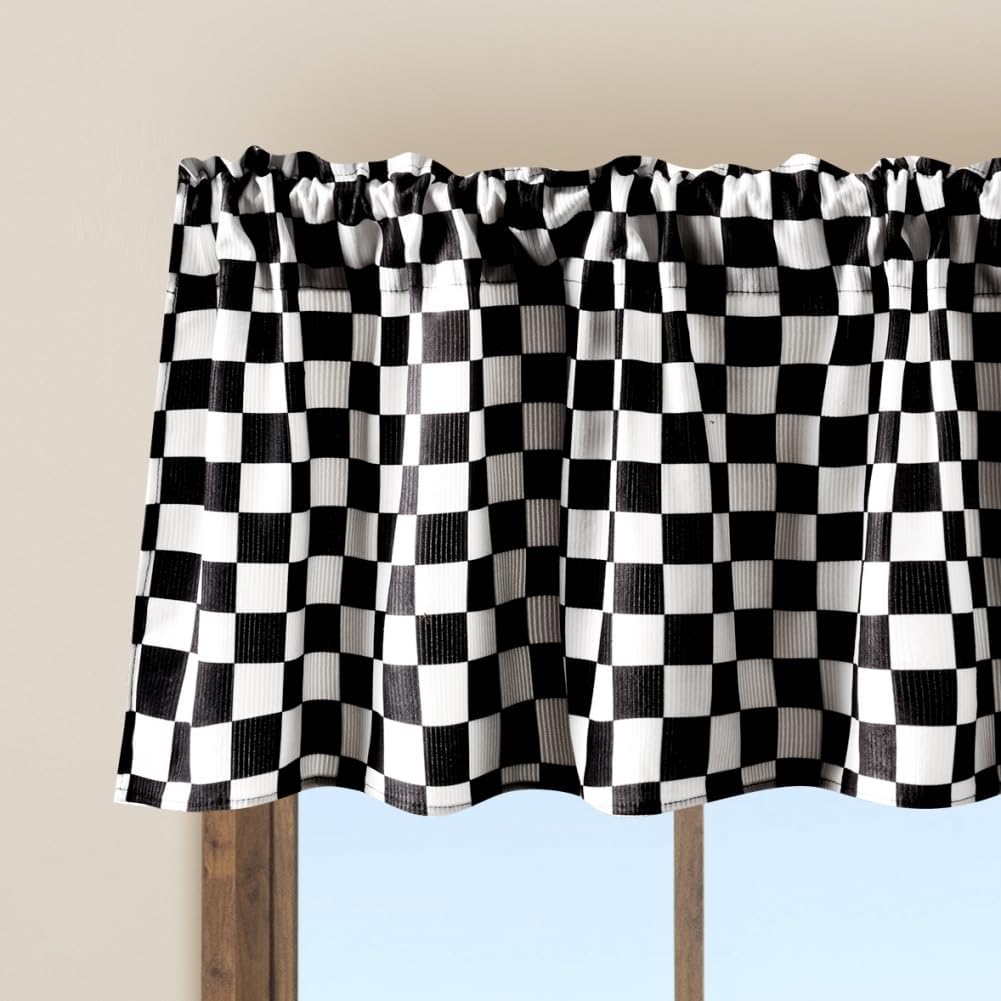 WOSIBO 2 Pack Checkered Plaid Windows Valances Retro Checkerboard Valance Curtains 16" x 56" Farmhouse Design Window Treatment Rod Pocket Valances for Kitchen/Living Room (Black and White)