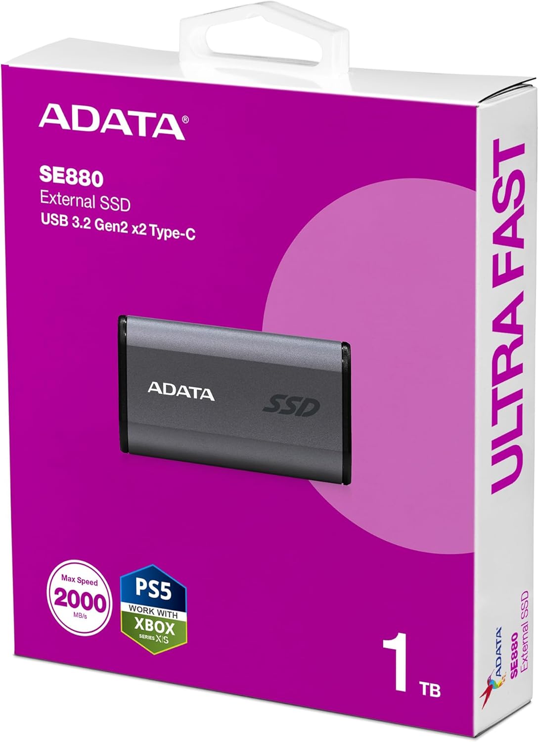 ADATA Elite SE880 1 TB Portable Solid State Drive - External - Titanium Gray - USB 3.2 (Gen 2) Type C - 2000 MB/s Maximum Rea