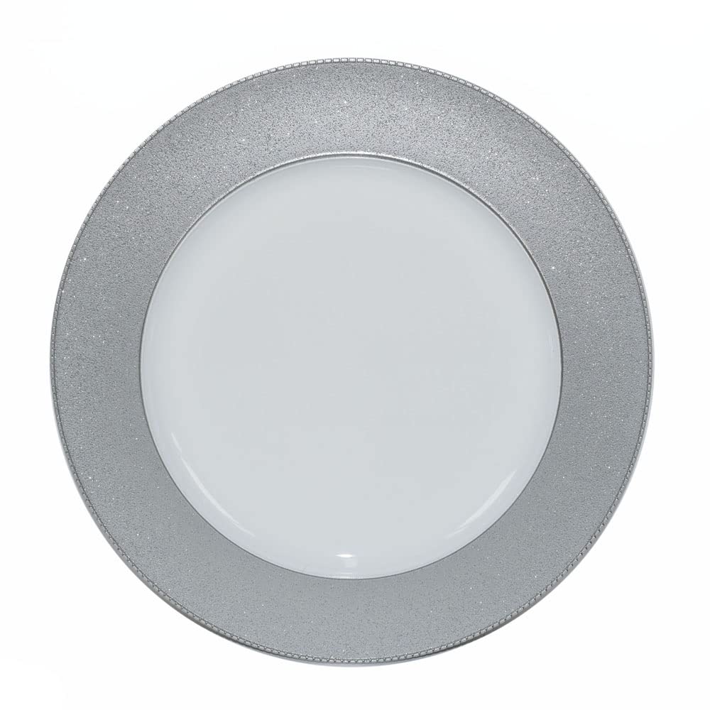 12 Sottopiatti Bianco Natale con Bordo Glitter Argento Liscio Tondo 33 cm per Cenone, Capodanno, Cena, Aperitivo - Fondo Bianco, Silver Natalizi