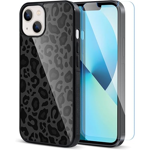 TEAUGHT Compatible with iPhone 13 Case (2021) 6.1 inch, Cute Pattern Black Leopard + Screen Protector Tire Shockproof Cover, Designed for iPhone 13 Case for Girls Women