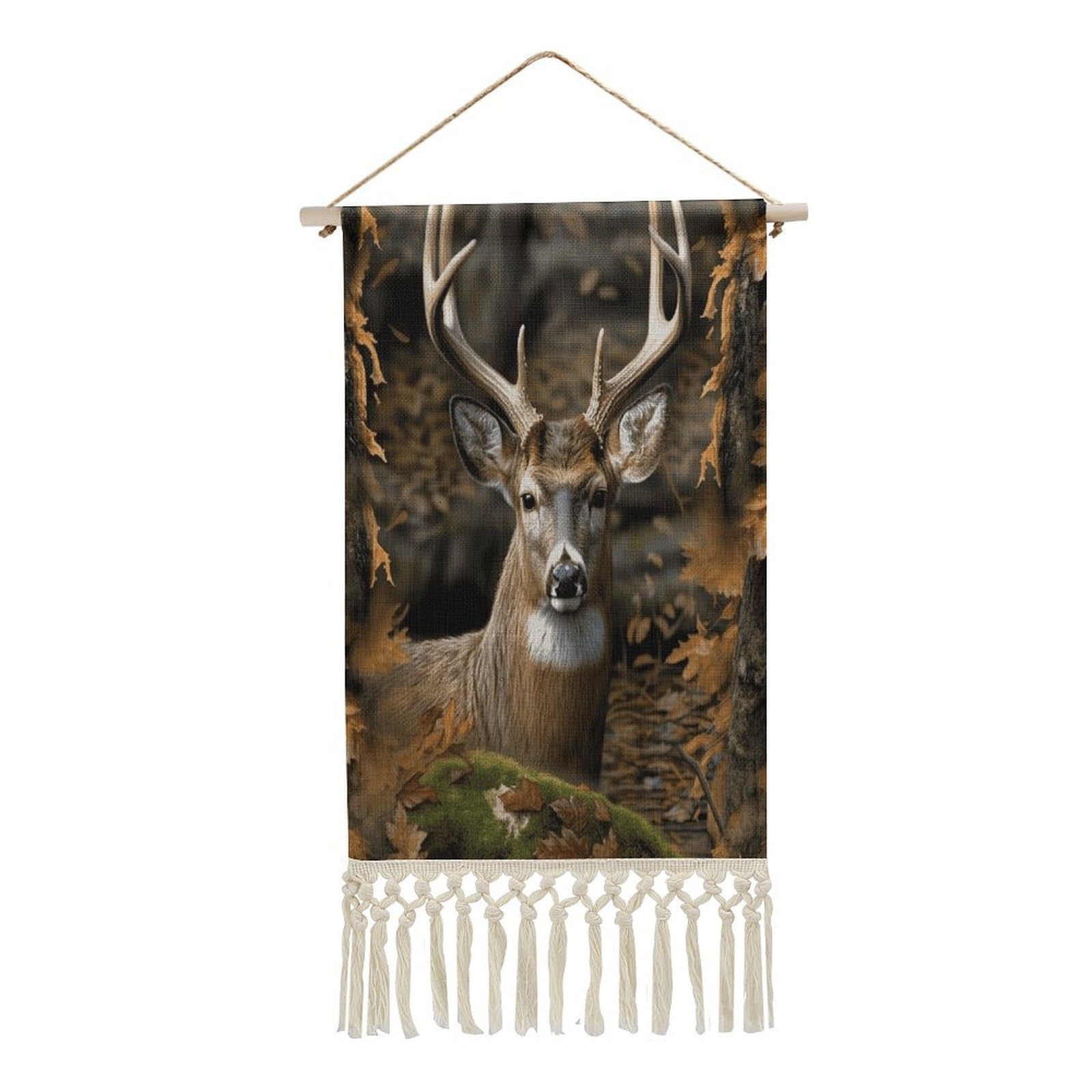 FekiLoot Camouflage Deer Wall Art Poster Hanger Frame Vertical Tassel Tapestry Cotton Linen Hanging Poster Decorative Wall Art Prints Vintage Wall Art Decor for Home Bedroom Living Room Office