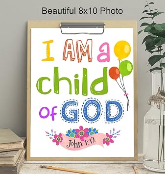 Child of God Scripture Decor - Christian Bible Verse Wall Art Poster for Nursery, Little Boys Room, Toddler Girls Bedroom - Religious Gifts for Kids - God Wall Decor - Positive Inspirational Quotes