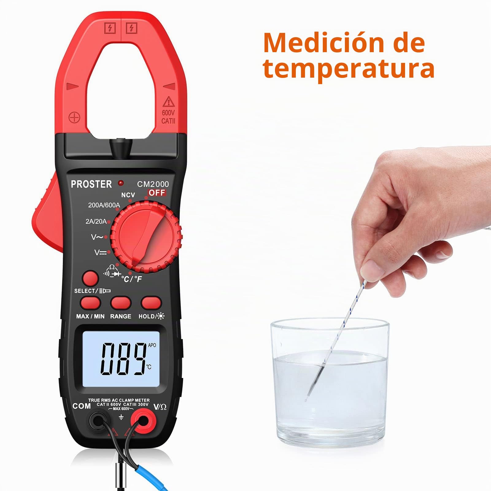 Proster Pinza Amperimétrica 2000 Cuentas 600A TRMS NCV Multímetro Digital Rango Automático con Pantalla Retroiluminada para Voltaje AC DC Corriente AC Diodo Resistencia Continuidad Temperatura