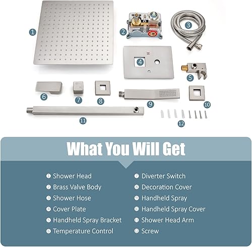 Miniatura 9 de Aolemi Sistema de ducha tipo lluvia de 12 pulgadas, cabezal de ducha cepillado Nikcel Combo Set con ducha de mano válvula de montaje en pared grifo