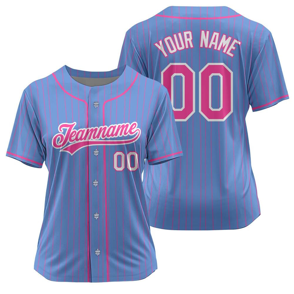 Custom Baseball Jersey Men Women Youth, Printed Stitched Name Number Logo, Pinstripe Light Blue Pink Softball Sport Fan Jerseys