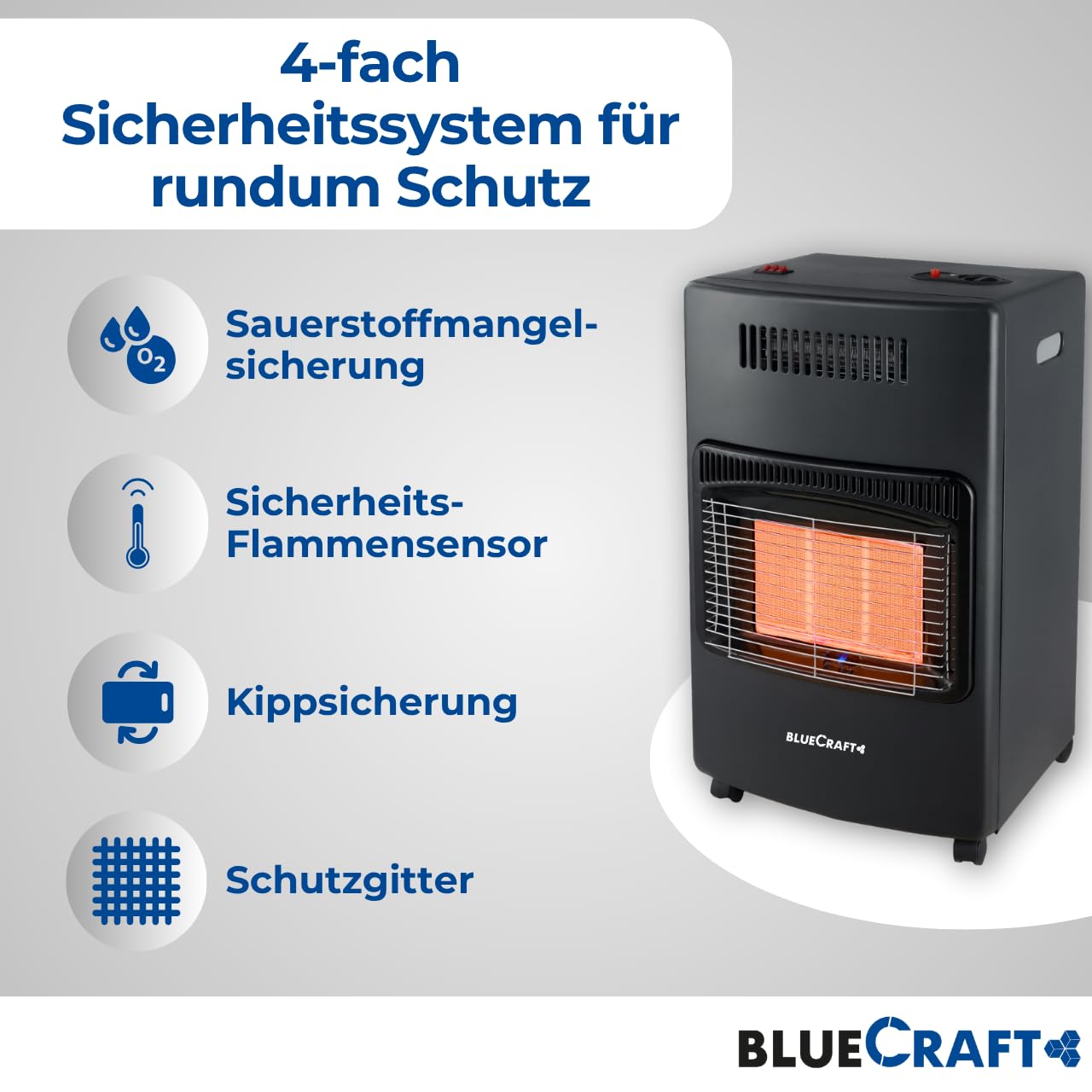 Bluecraft 3-in-1 Gas-Ofen & Elektroheizung | Heizofen in PREMIUM QUALITÄT | Gasheizer Infrarot Heizstrahler 4,2 kW (mit Gasschlauch, Gasregler, GF-Schlüssel, 11kg Gasflasche ungefüllt)