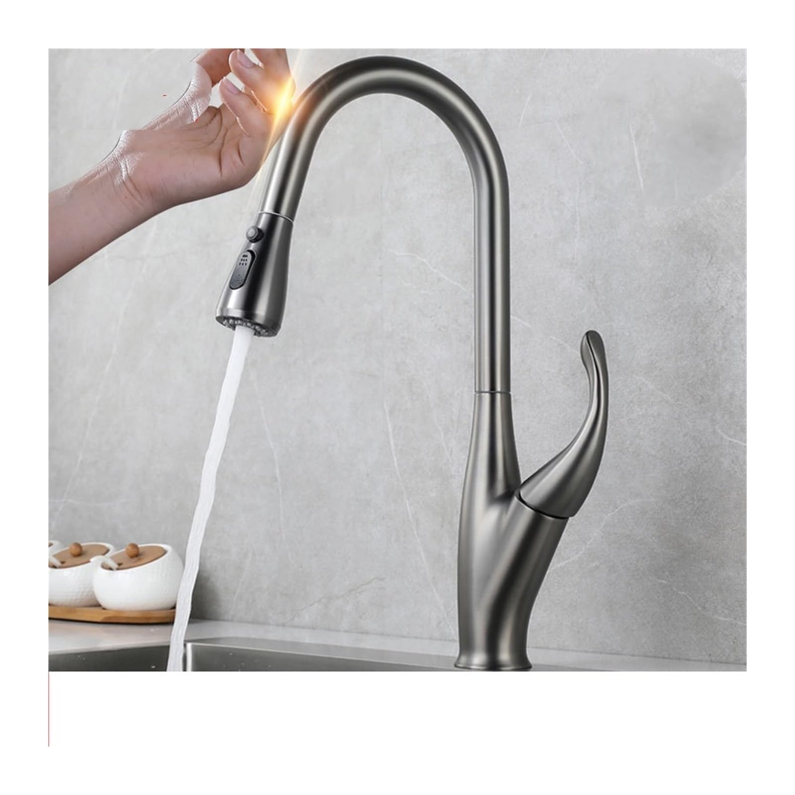 Robinet de cuisine rotatif 360 gris canon pour évier moderne gourmet
