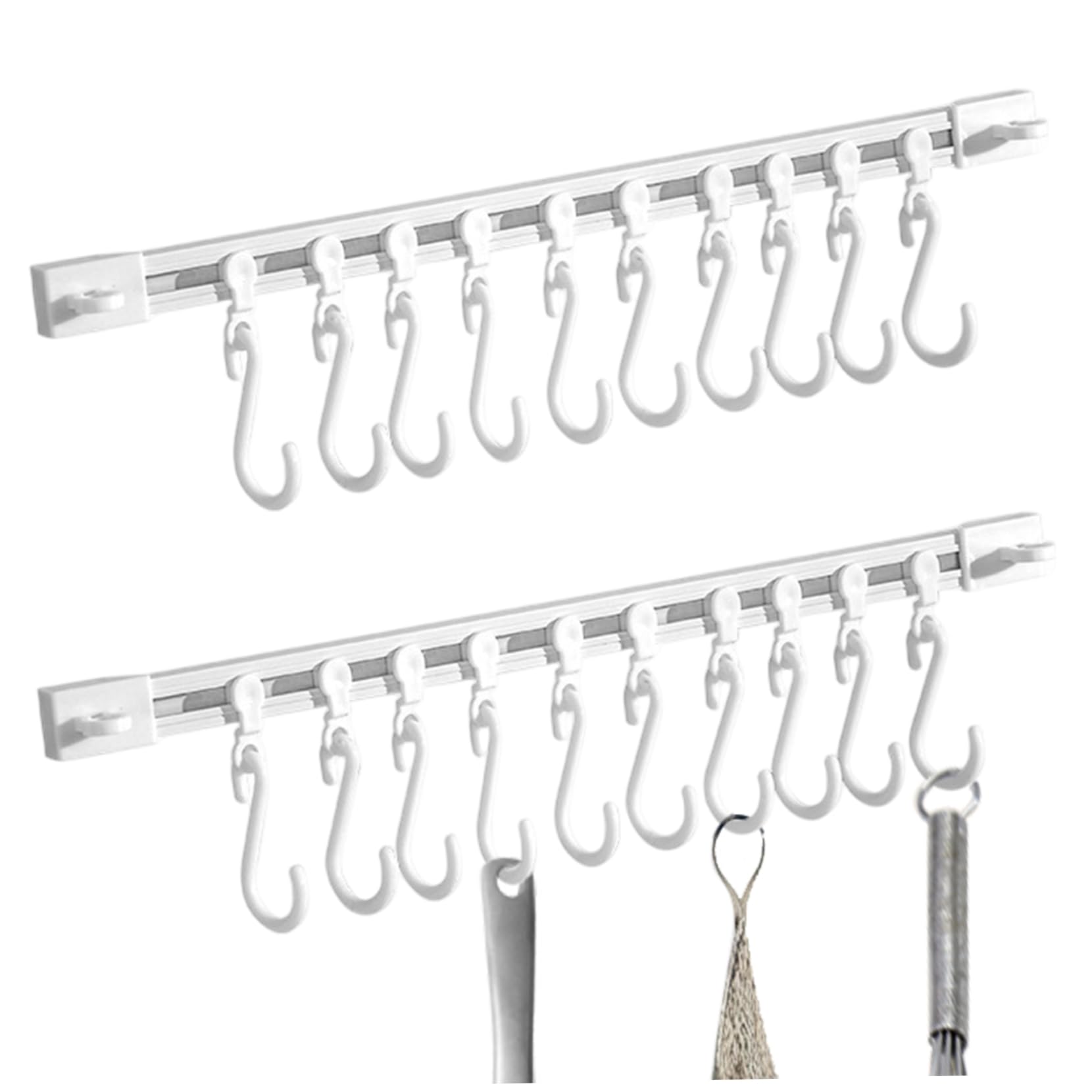Ameble 2Pcs 12 Inch Heavy Duty PVC Kitchen Utensil Hanger with 10 Slide Hooks, Self Adhesive Wall Mount or Cabinet Hanger for Pots, Pans, Ladles, Spatulas