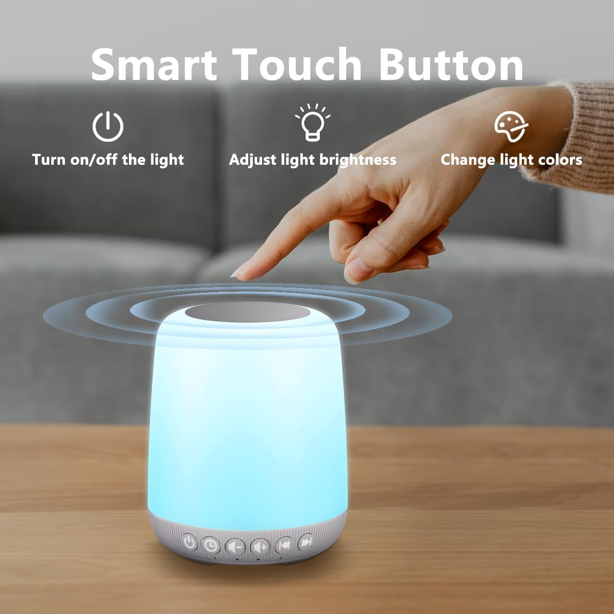 Hand touching the top of the Easysleep Sound Machine to control light