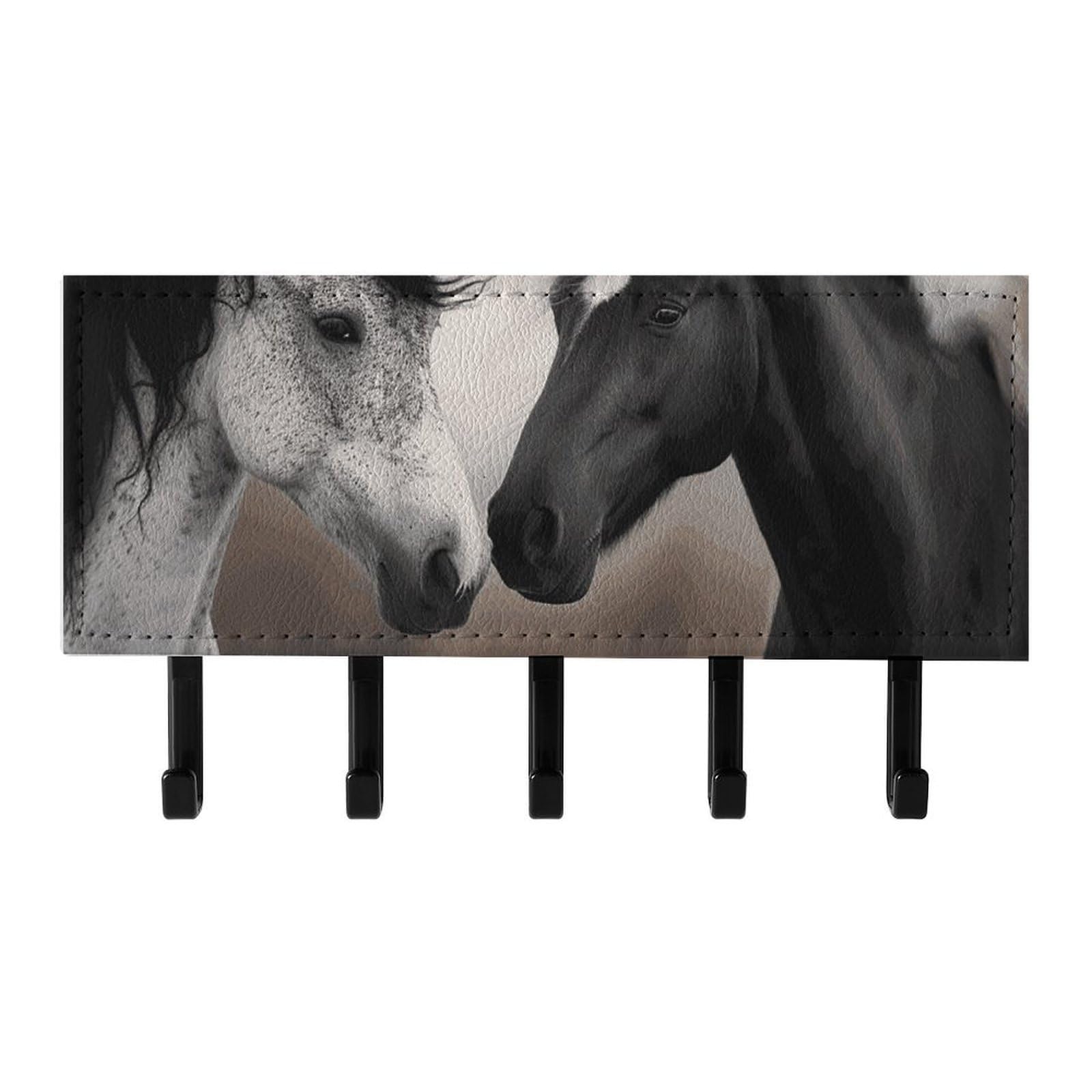 Fekiloot Black And White Horses Key Holder For Wall Adhesive, No Drilling, Key Hooks With 5 Hooks Wall Mounted, Self Adhesive Keys Rack For Entryway, Hallway, Living Room, Kitchen, Office