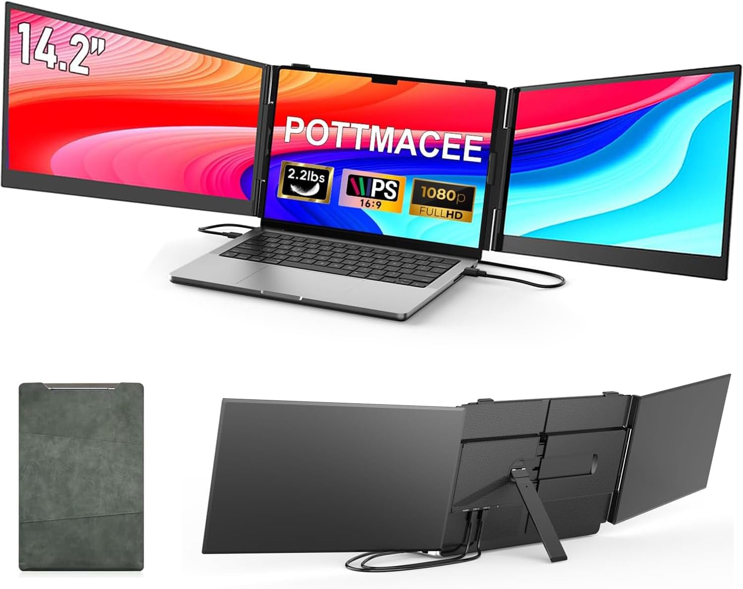 14.2" Triple Laptop Screen Extender, Ultra-Slim FHD 1080P Portable Monitor for 13"-17.3" Laptops