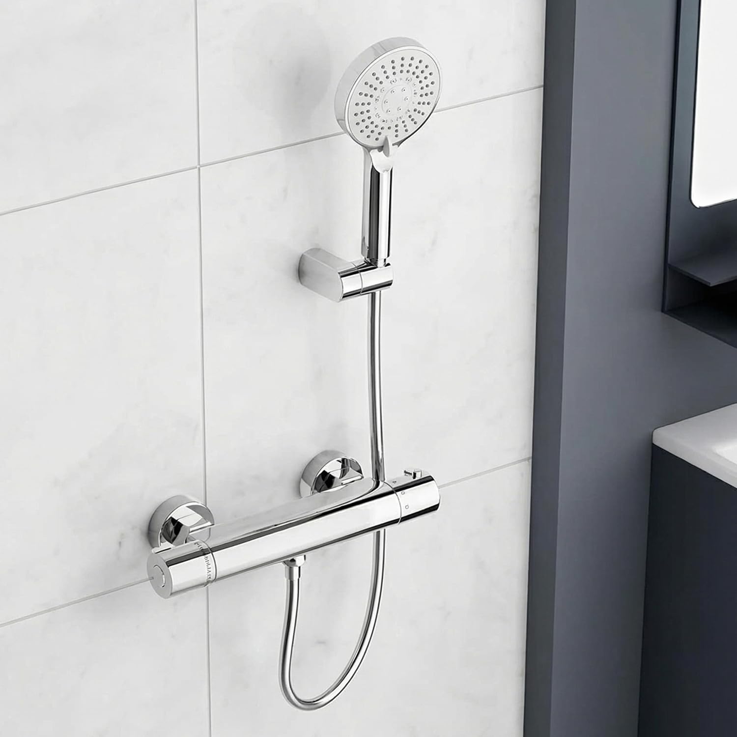 QWORK® Grifo Ducha Termostático de Latón con Válvula Antiquemaduras y Ahorro de Agua, Acabado Starlight