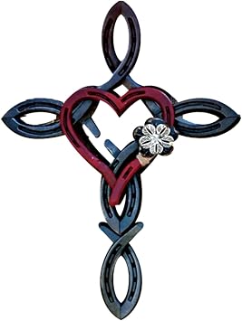 IMSFQFWL Horseshoe Cross with Heart Wall Hanging, Metal Horseshoe Cross Craft Sign Western Room Decor Cross Sign Red