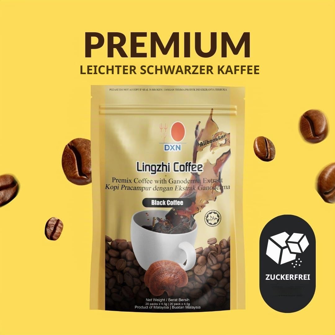 Alibooster DXN Lingzhi Schwarzer Kaffee ohne Zucker – Original – Ganoderma Reishi – 20 Beutel x 4,5 g