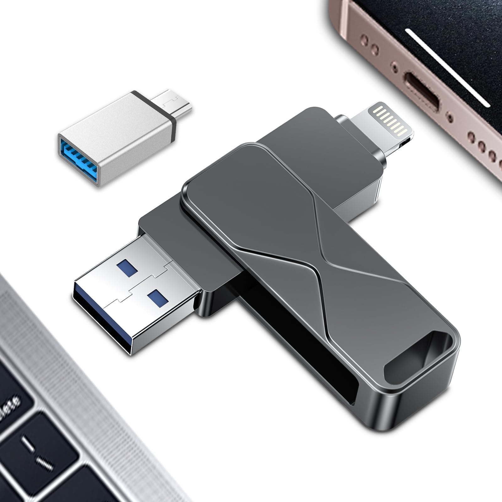 Memoria USB 3.0 3 en 1 con certificación MFi de 512 GB, compatible con iPhone, iPad, Android, Mac, PC, Smart TV, coche, color negro