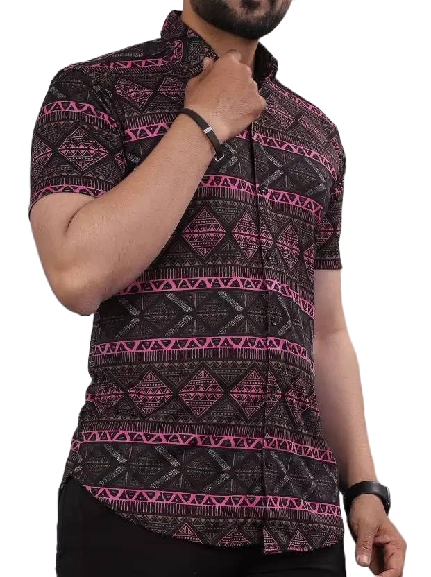 Image of LookMark Men's Trendy Lycra Blend Spread Collar Half Sleeve Printed Shirts - Elevate Your Style with Comfort and Versatility (Pack of 2)
