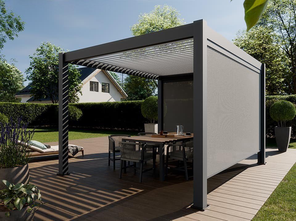 Pérgola Autoportante Bioclimática de Aluminio 12m² - 3x4m Dos Estores Incluidos - Antracita - 25 Lamas de Aluminio Inclinables 120° - Cenador