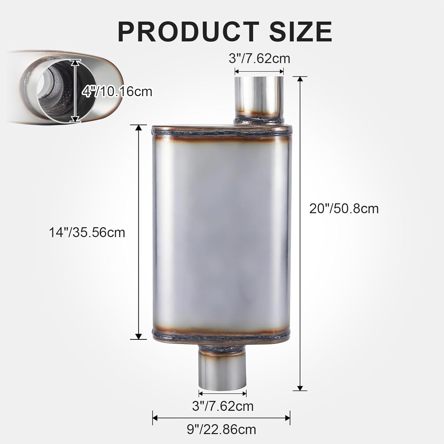 Exhaust Muffler Universal 3" Inlet/Outlet, Overall Length 20" 409 Stainless Straight-Through Performance Muffler for Cars Trucks