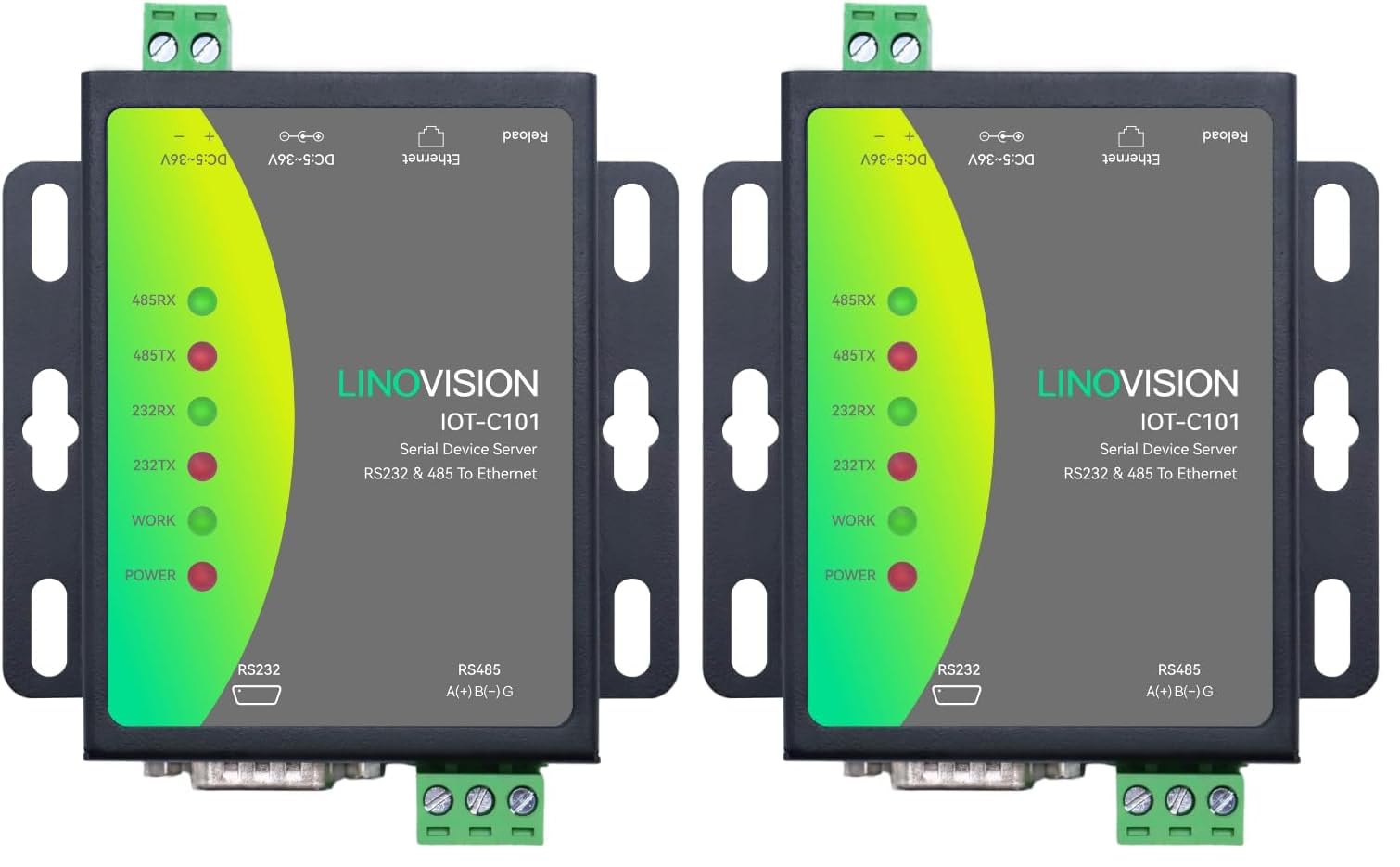 LINOVISION Dual Ports Serial Server, RS485 and RS232 to Ethernet Convertor, Modbus RTU/TCP Conversion, RS485 and RS232 to RJ45 Convertor, Processor Upgraded (Pack of 2)