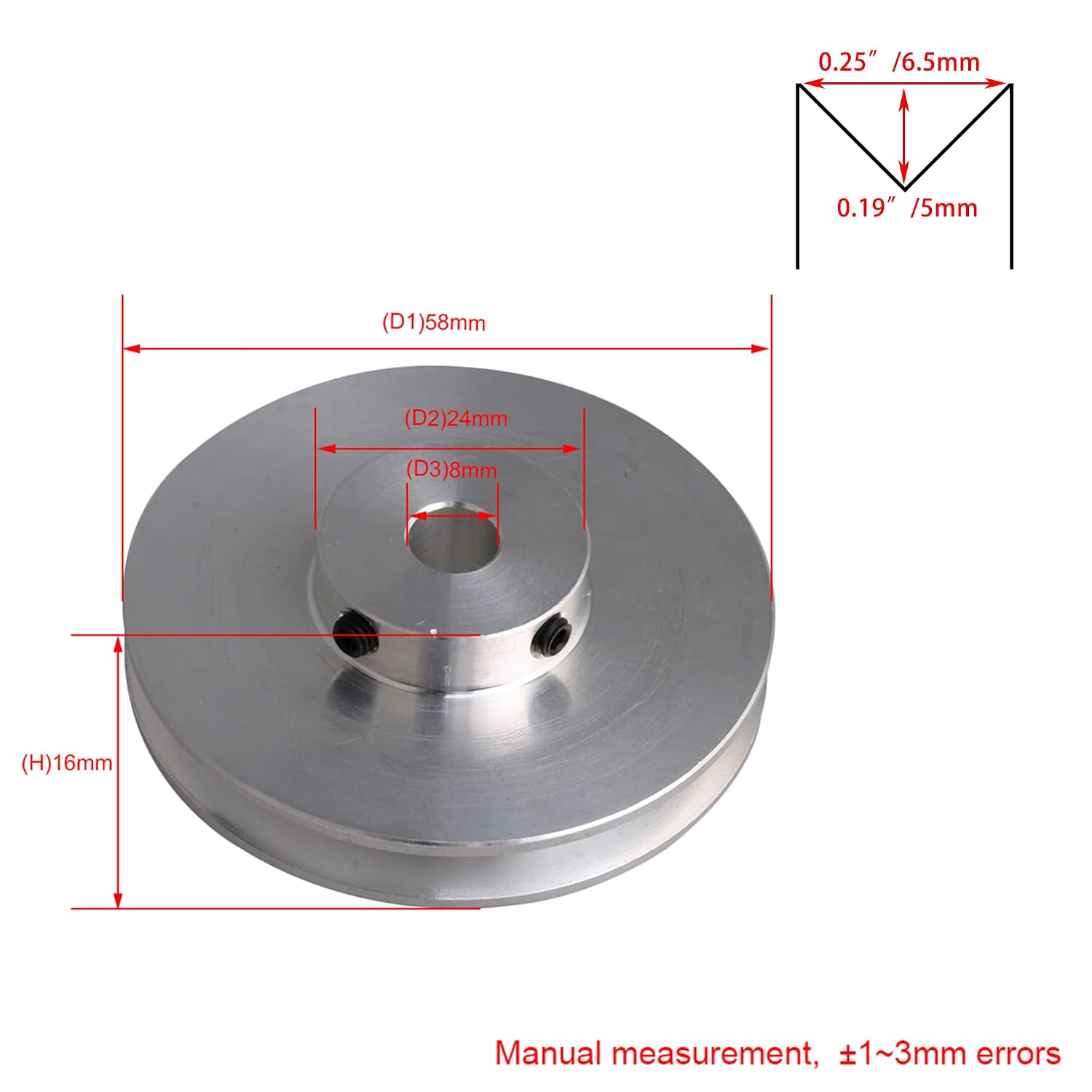 58x16x8MM Silver Aluminum Alloy Single Groove 8MM Fixed Bore Pulley for Drilling Machine 3-5MM PU Round Belt