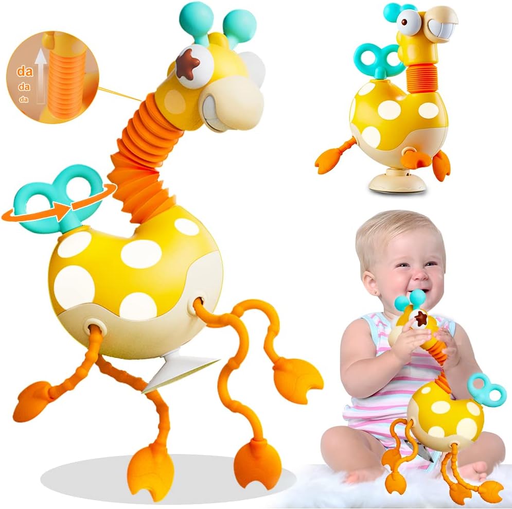 VATOS Baby Sensory Toys Montessori Food Grade Silicone Pull String Activity Toy,Giraffe Toy with Twisting Clockwork & Neck Pop Tube for Fine Motor Skills,Travel Toys for Babies,Infants Toddlers 18M+